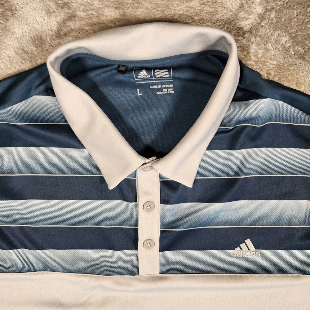 Adidas Golf Polo Mens Large Blue White Excellent Striped Performance AE4107